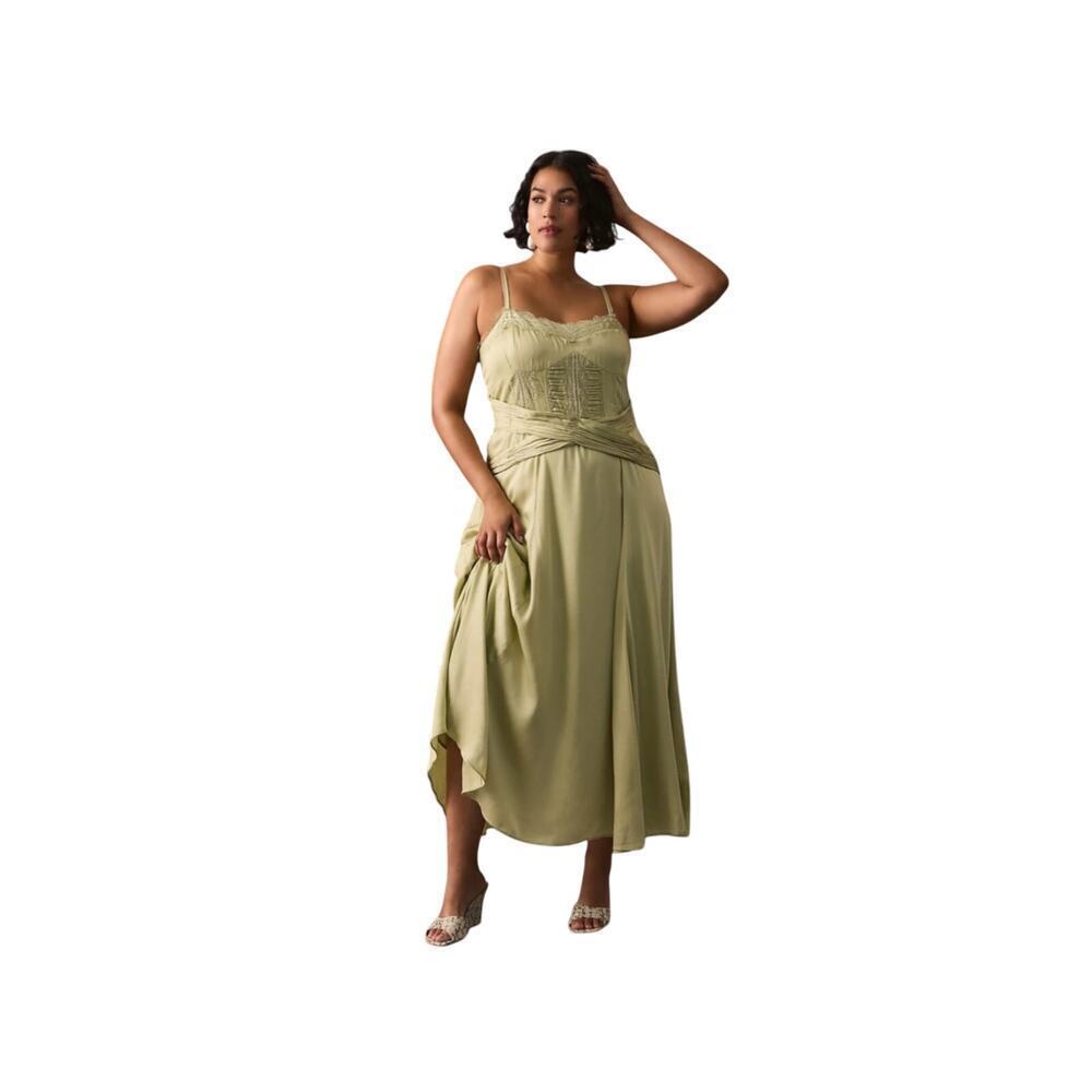 Anthropologie Women's Sage Green Satin Midi Dress Size Small